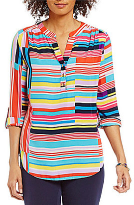 Investments Y-Neck Hi-Low Roll-Tab Sleeve Striped Blouse