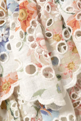 Zimmermann Bowie Ruffle Strapless Floral-print Broderie Anglaise Linen Mini Dress - Cream