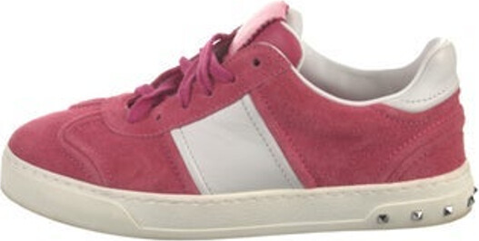 Valentino Suede Low Top Sneakers Pink Colorblock Pattern Rockstud Accents Round-Toes with Studded Accents Lace-Up Closure at Uppers Includes Additional Laces