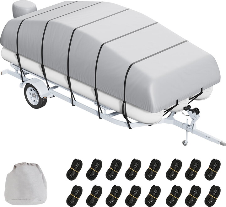 KFFKFF Pontoon Boat Cover for 19'-20' Models, Trailerable and Waterproof, Crafted from 800D PU Oxford Fabric, Includes Motor Cover and 16 Windproof Straps, Suitable for 19'-20'L Boats with a Beam