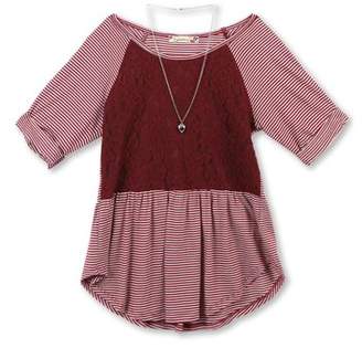Lots of Love by Speechless Lace and Stripe Combo Roll Sleeve Top with Necklace (Big Girls)