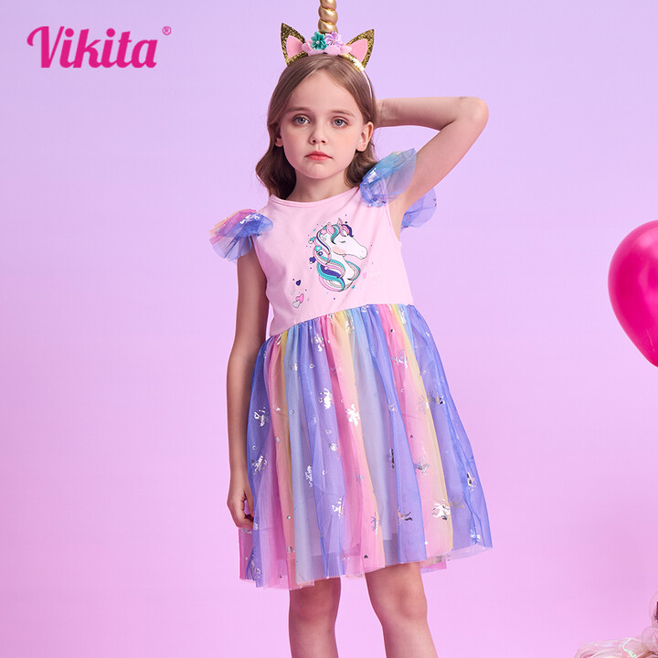 VIKITA Girls Unicorn Rainbow Dress Kids Flare Sleeve Summer Dresses Girl Colorful Mesh Tulle Birthday Party Princess Dress 3-12Y
