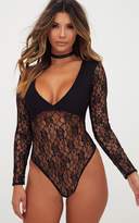 Thumbnail for your product : PrettyLittleThing Black Lace V Neck Longsleeve Thong Bodysuit