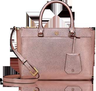 Tory Burch Light Rose Gold Saffiano Leather Robinson Metallic Small Double-Zip Tote