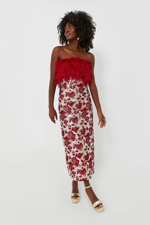 Hyacinth House Red Jacquard Feathered Reina Midi Dress - ShopStyle