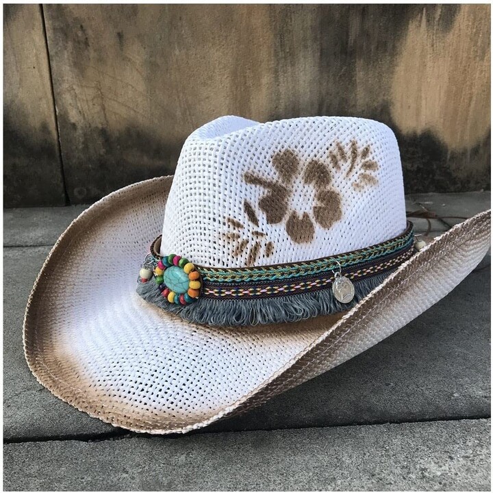 HEYCCO Handmade Weave Natural Straw Women Cowboy Hat Lady Queen Cowgirl