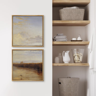 wall26 Clouds Sky And River Brown Abstract Vintage Landscape Nature Field Rustic Framed On Canvas 2 Pieces Set