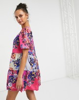 Thumbnail for your product : Liquorish smock mini dress with puffed sleeves in pink floral print