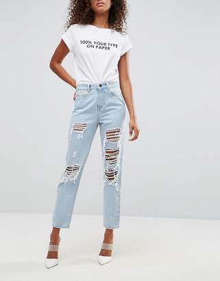 ASOS Design Original Mom Jeans In Dex Aged Wash With Rips And Busts