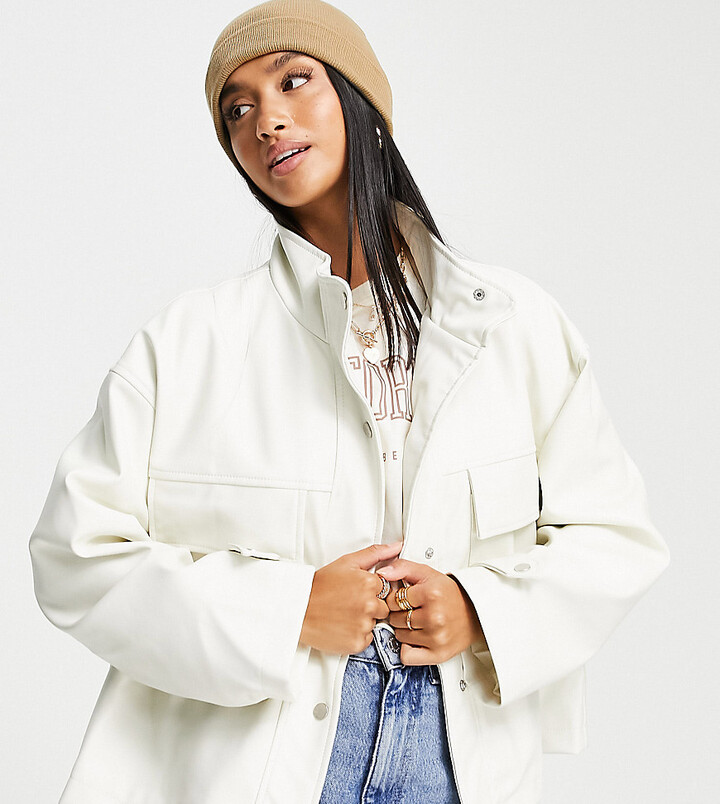 ASOS DESIGN Petite chuck on faux leather jacket in white - ShopStyle