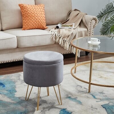 Sophia & William Round Storage Ottoman Footrest Stool with Removable Lid Side Table Seat Padded Linen with Wood Legs Upholstered Decorative Furniture Rest for Living Room Bedroom-Midnight Navy