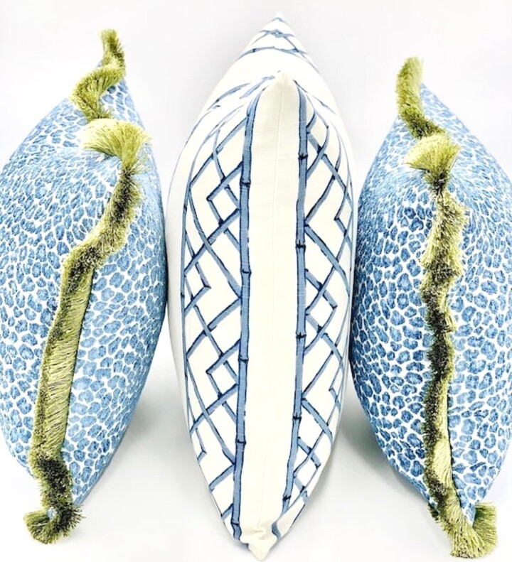 Set Of 3 Pillow Covers, 2 Blue Cheetah & Bamboo Cover Chinoiserie Style | Modern Coastal Pillows