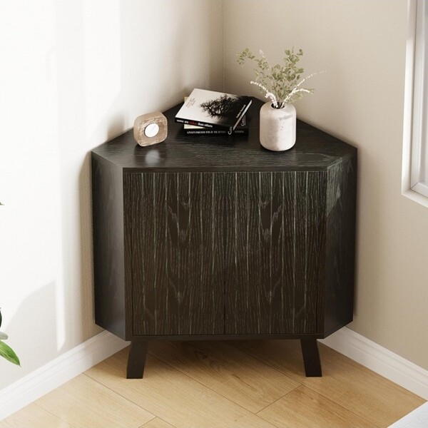 Jojoka CornerCabinet3-TierFarmhouseTriangleStoragewithFlutedDoor&AdjustableShelf31.5\