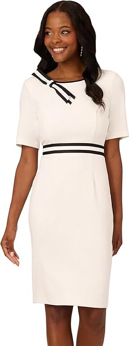 Adrianna Papell Crepe Ribbon Short Dress Women's Dress Ivory/Black : 14, Elastane/Polyester