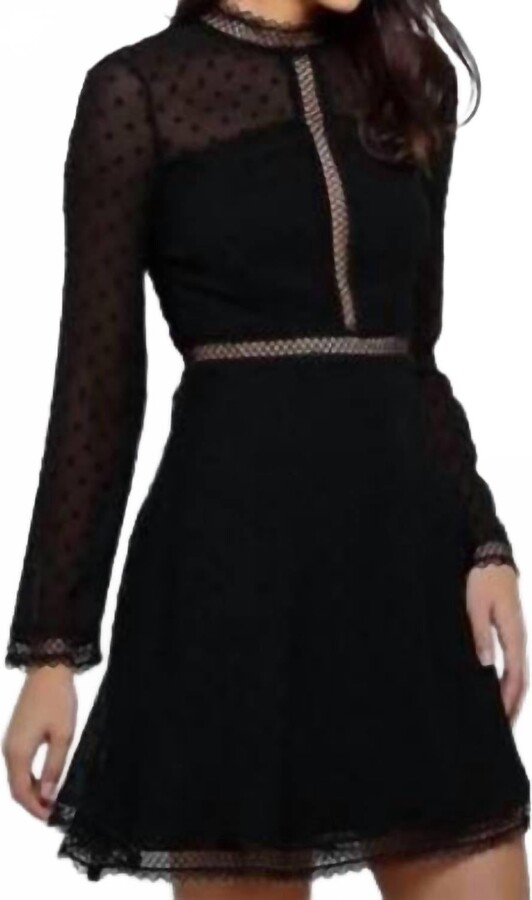 Bardot Jewel Neck Long Sleeve Dotted Chiffon Mini Dress In Black