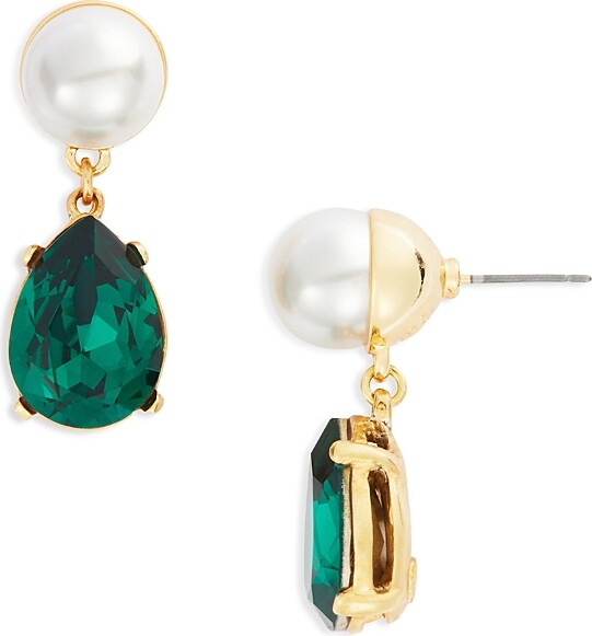 Kenneth Jay Lane Imitation Pearl & Green Stone Drop Earrings in Gold Tone