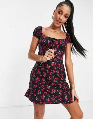 Motel mini tea dress with ruched bust in cherry print