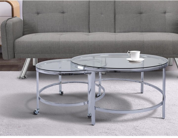 TONWIN Modern Glass Nesting Table Set, Transparent / Sliver Coffee