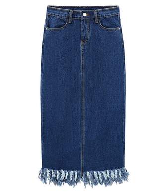 MYB Women High Waist Pocket Split Tassel Long Straight Denim Skirt