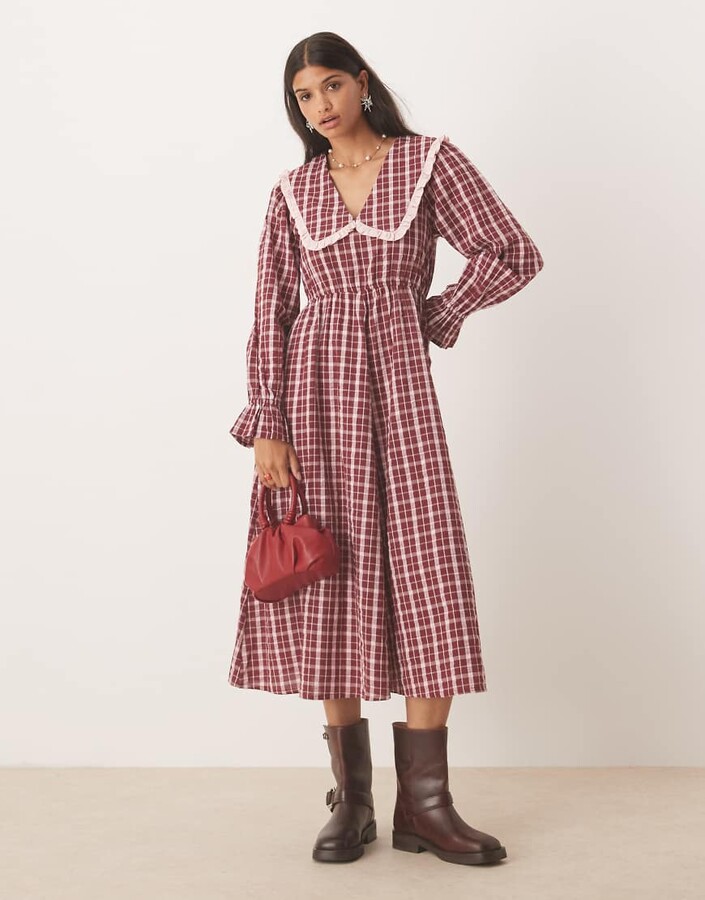 Neon Rose collar detail textured plaid midaxi dress in burgundy and pink