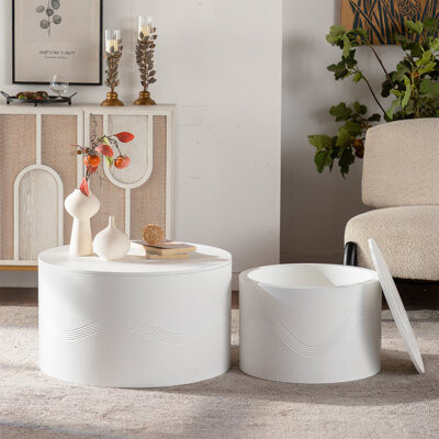 Latitude Run Set Of 2 Round Coffee Table With Hidden Storage - Modern Wavy MDF Painted Accent Tables For Small Spaces