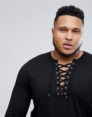 ASOS Plus Longline Long Sleeve T-Shirt With Curved Hem And Deep Contrast Lace Up V Neck