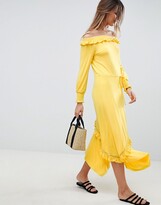 Thumbnail for your product : ASOS DESIGN DESIGN Off Shoulder Shirred Cuff Midi Tea Dress