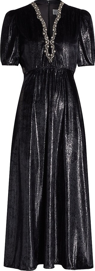 Women's Tabitha Metallic Velvet Midi Dress - Black Mamba Embroidery - Size 0