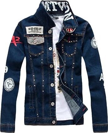 LANG XU GLASS Men's Denim Jacket Patch Union Jack Print Rivet Slim