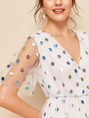 Shein Polka-dot Print Surplice Neck Mesh Overlay Dress