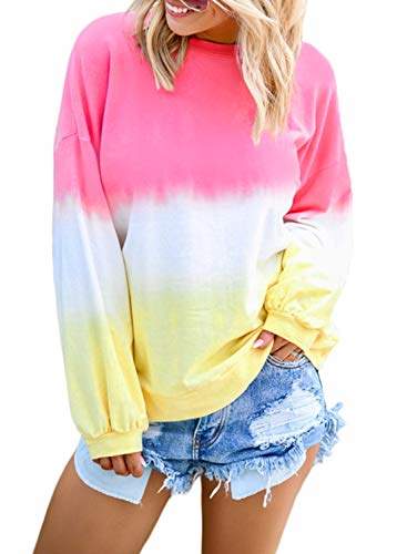 Actloe Women Crewneck Long Sleeve Sweatshirt Color Block Tie Dye Pullovers Casual Tops
