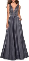Thumbnail for your product : La Femme Plunge-Neck Sleeveless Two-Tone Satin Ball Gown with Rhinestone Bodice
