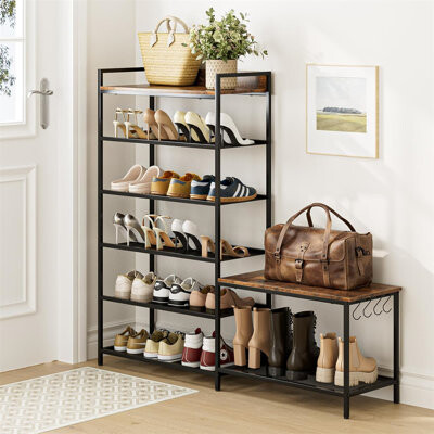 Shoe Rack Bench Storage Organizer for entryway, 6 Tier Industrial Free Standing Boot Racks with Seat, Shoe Rack Organizer Shelves for High Heels,Hallw