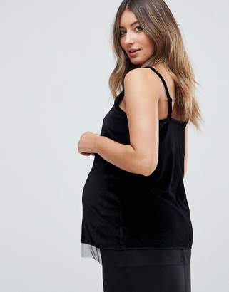 ASOS Maternity MATERNITY Cami in Velvet with Mesh Hem Detail and Square Neck
