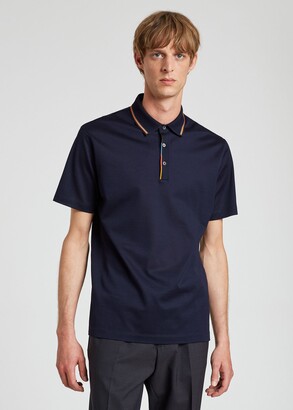 Paul Smith Men's Dark Navy Cotton Polo Shirt With Stripe Trims