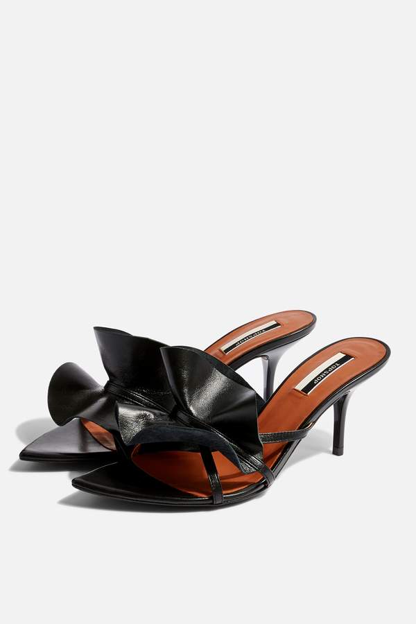 Topshop RUFFLE Leather Black V Point Mules - ShopStyle