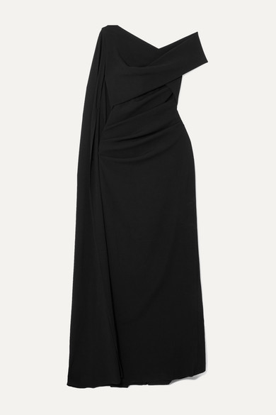 Talbot Runhof Rosedale One-shoulder Cape-effect Crepe Gown - Black ...