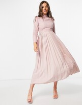 Thumbnail for your product : Little Mistress high neck frill shoulder pleated midi dress in dusty mink