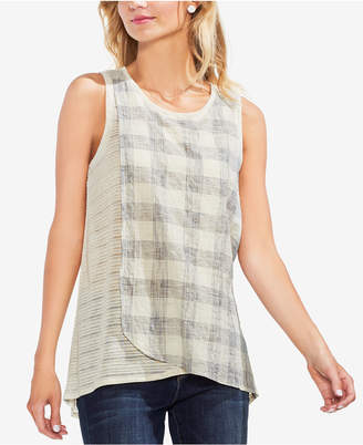 Vince Camuto Sheer Plaid-Contrast Top
