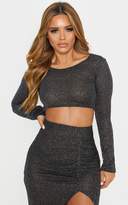 Thumbnail for your product : PrettyLittleThing Petite Black Glitter Long Sleeve Crop Top
