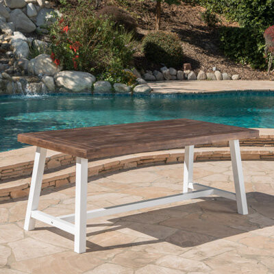 Lark Manor Outdoor Dark Brown Sandblast Finish Acacia Wood Dining Table with White Rustic Metal Finish Frame