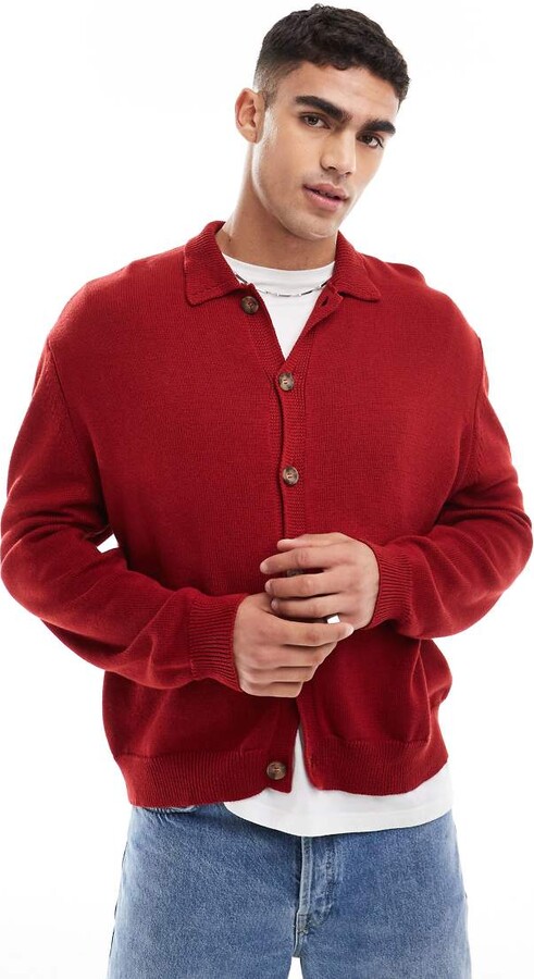 ASOS DESIGN cotton blend knitted cardigan with collar in red