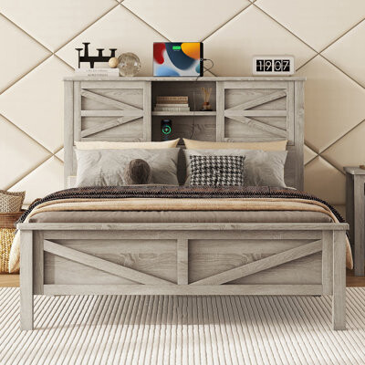 Ophelia & Co. Platform Bed with Double Sliding Barn Door Wood Bed with Charging Station