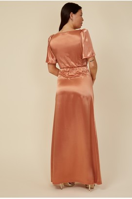 Little Mistress Bridesmaid Nala Rust Satin Button Detail Maxi Dress