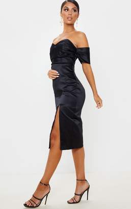 PrettyLittleThing Black Pleated Bodice Satin Bardot Midi Dress