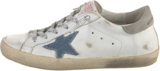 Golden Goose Leather Low Top Sneakers Blue, Neutrals, Pink & White Printed Rubber Trim Round-Toes with Distressed Accents Lace-Up Closure at Uppers Designer