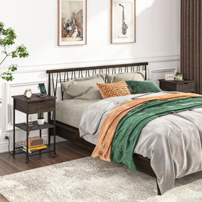 17 Stories Modern Night Stand Set Of 2 With Charging Station, Drawer, And Open Shelf For Bedroom Or Living Room