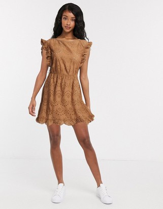 JDY mini broderie dress with ruffle trims in brown
