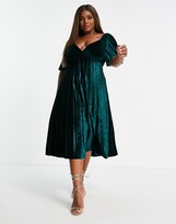 Thumbnail for your product : ASOS Curve ASOS DESIGN Curve twist-back empire waist velvet pleated midi dress in forest