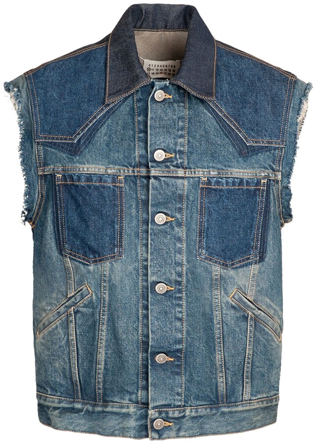 HTOOHTOOH Mens Fashion Chest-Pockets Sleeveless Denim Jackets Broken Holes Vest